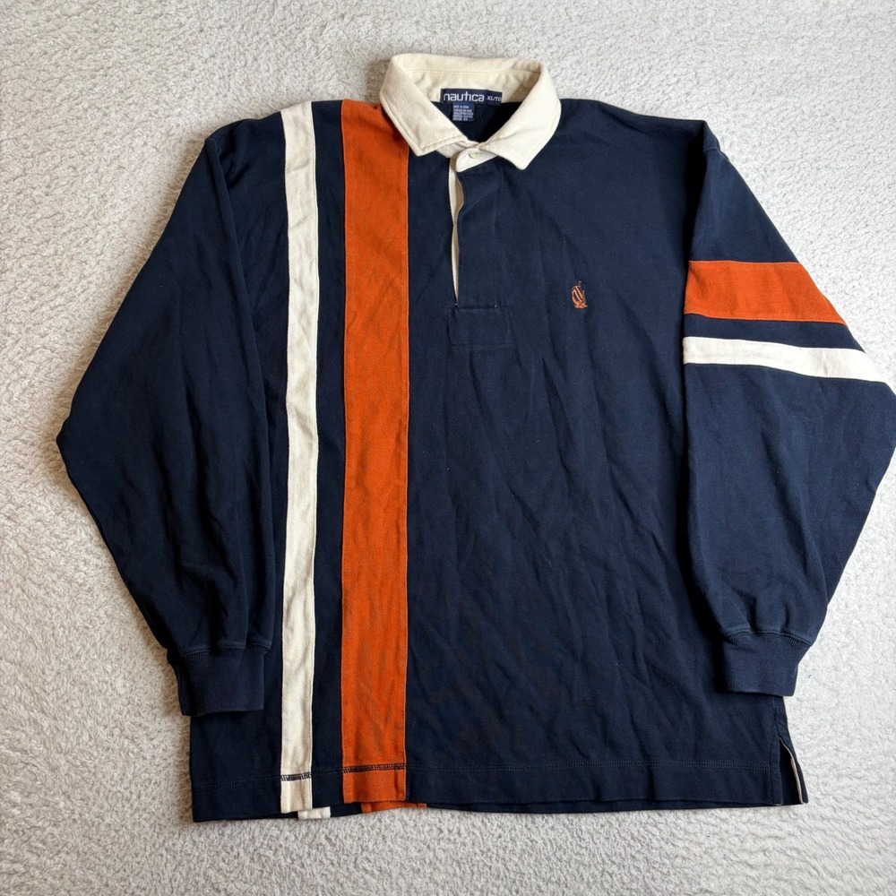 Nautica Mens XL Rugby Shirt Long Sleeve Navy Blue Orange Stripe Vintage Cotton